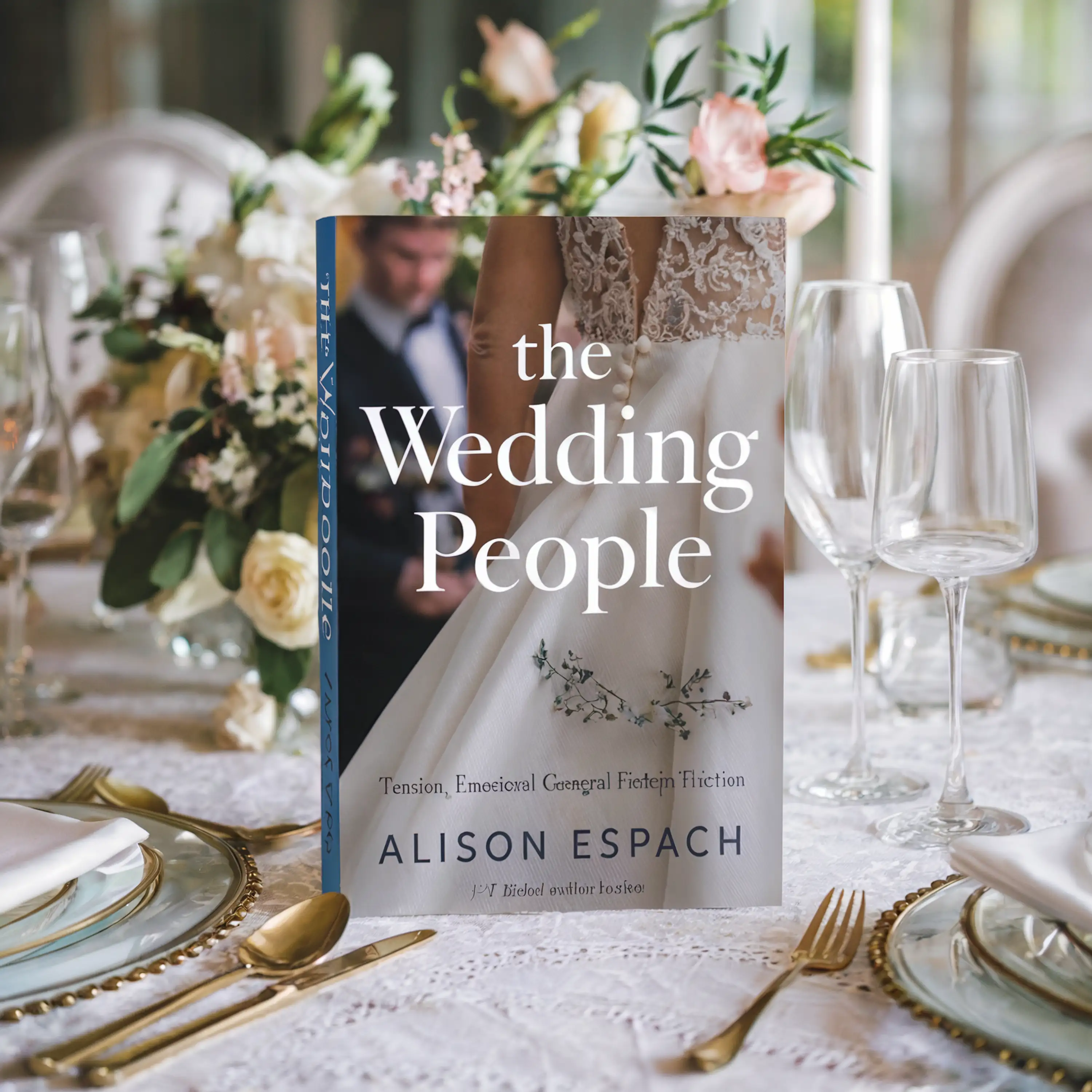 A book titled "The Wedding People" by Alison Espach rests on an elegantly set table with flowers.