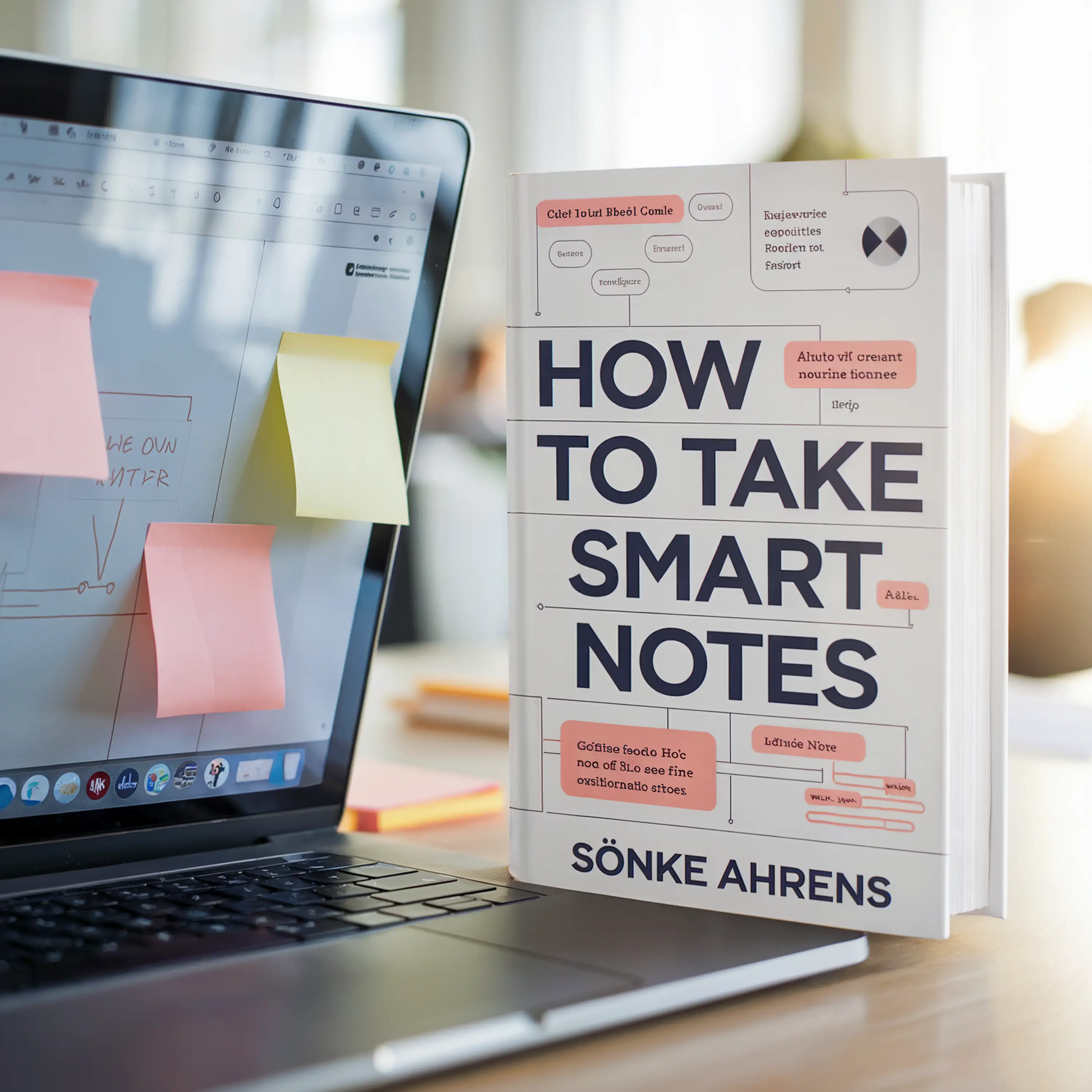 A book titled "How to Take Smart Notes" by Sönke Ahrens beside a laptop with sticky notes.