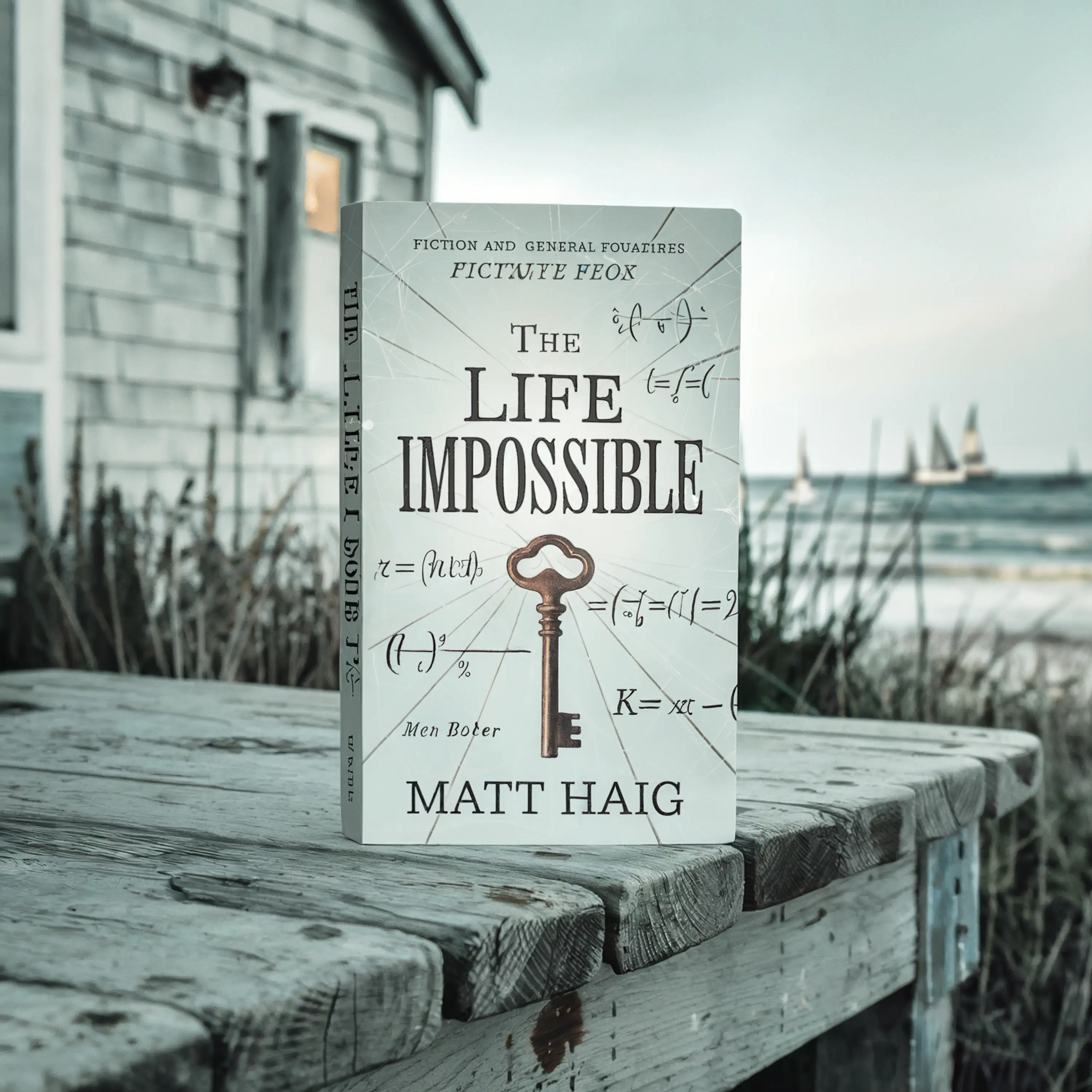 Book "The Life Impossible" by Matt Haig on a wooden table, with a seaside house and sailboats behind.