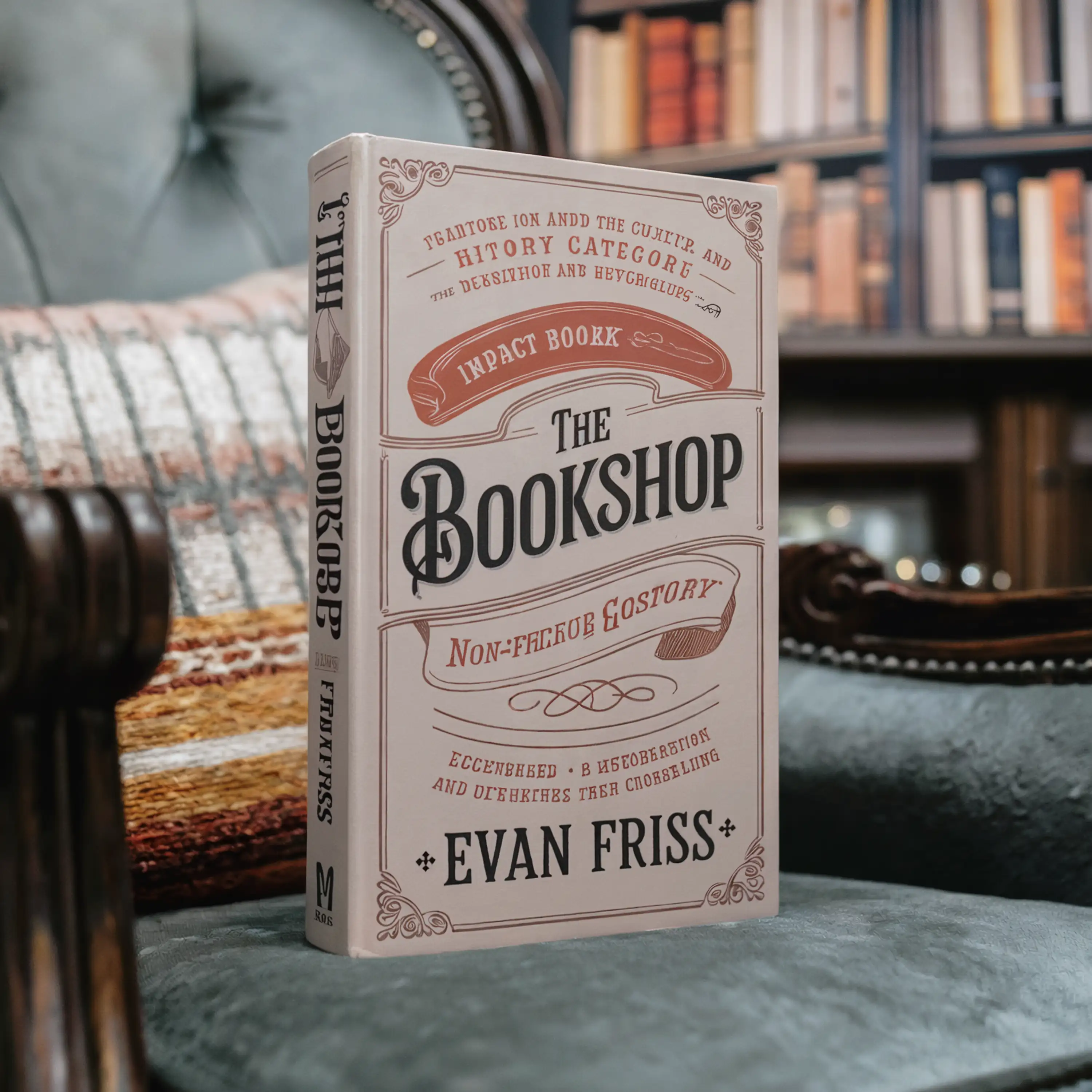 A book titled "The Bookshop" by Evan Friss on a cushioned chair, with bookshelves in the background.