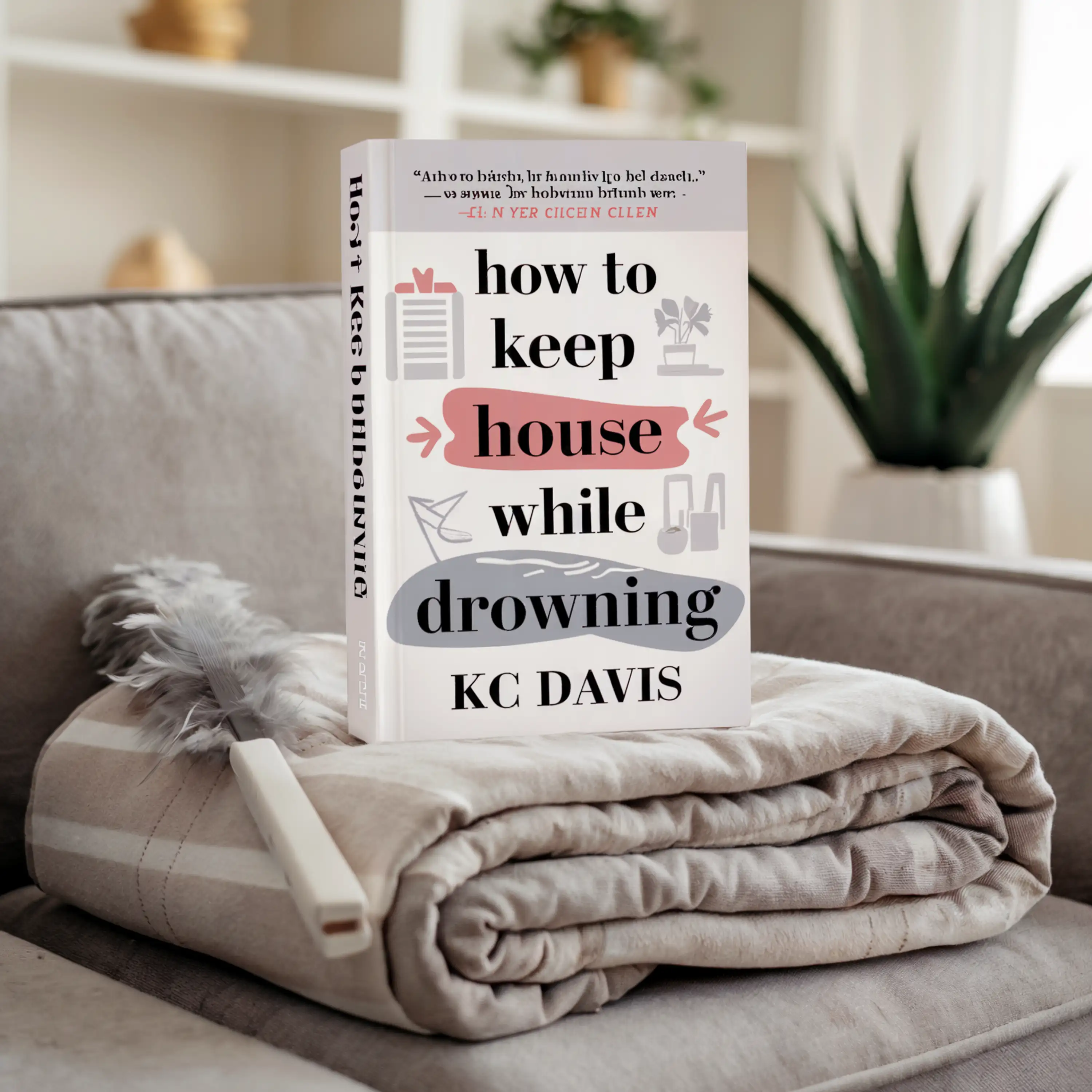 A book titled "How to Keep House While Drowning" by KC Davis on a blanket with a feather duster.