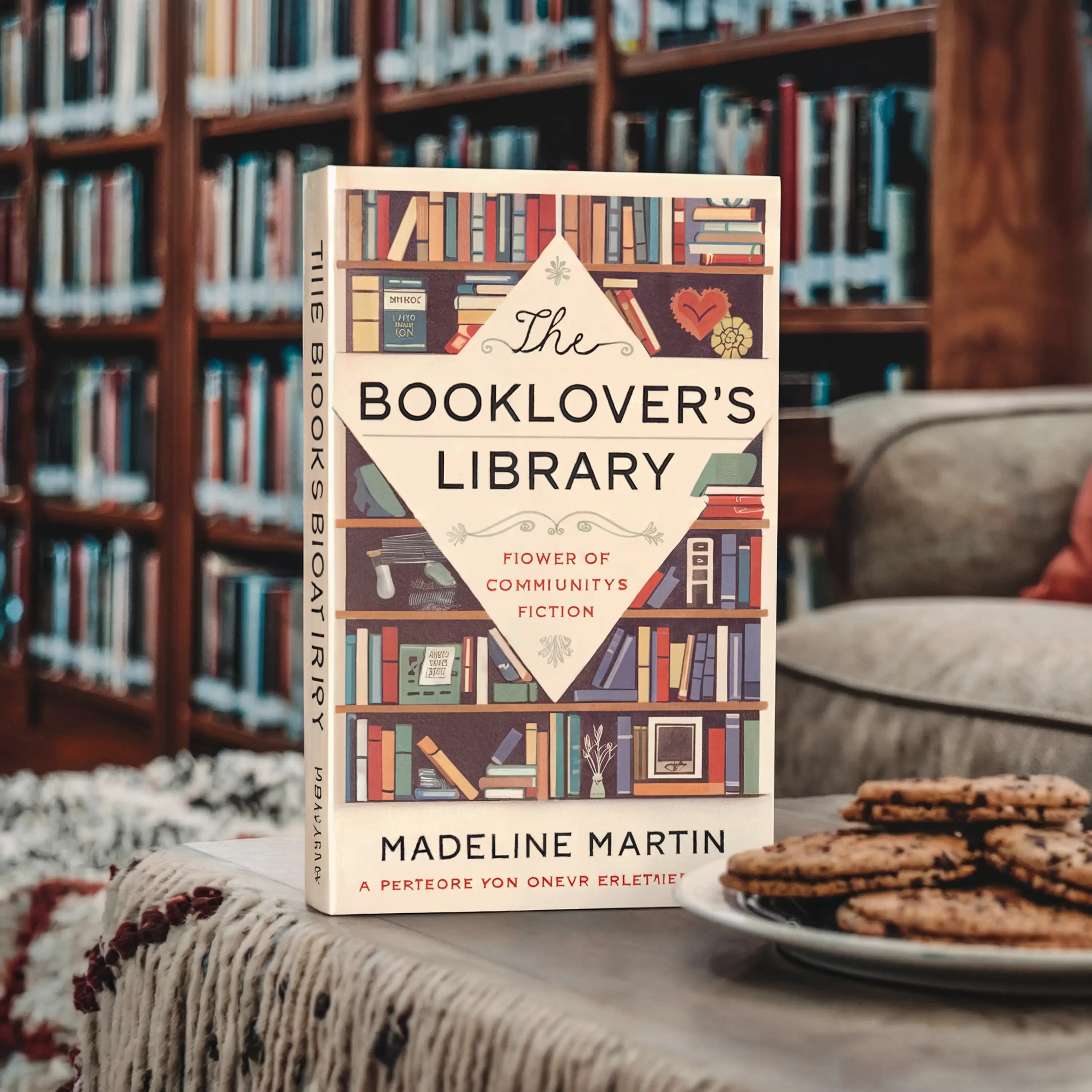 A book titled "The Booklover's Library" on a table with cookies, in a cozy library setting.