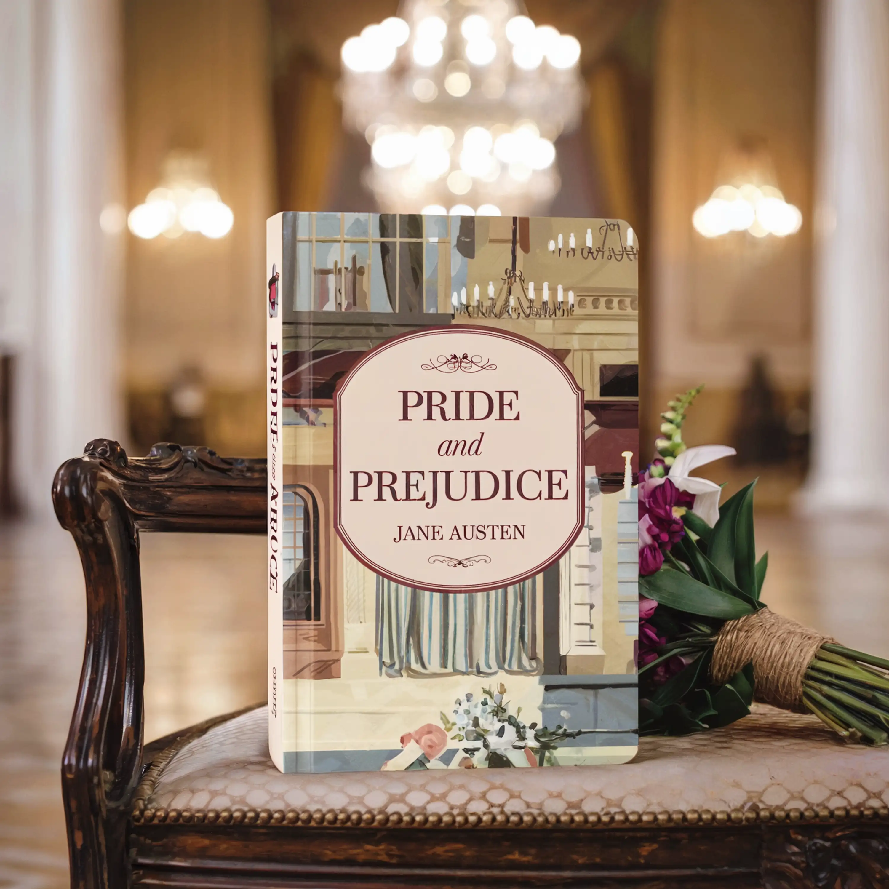 "Pride and Prejudice" book on a chair with a bouquet in an elegant room with chandeliers.