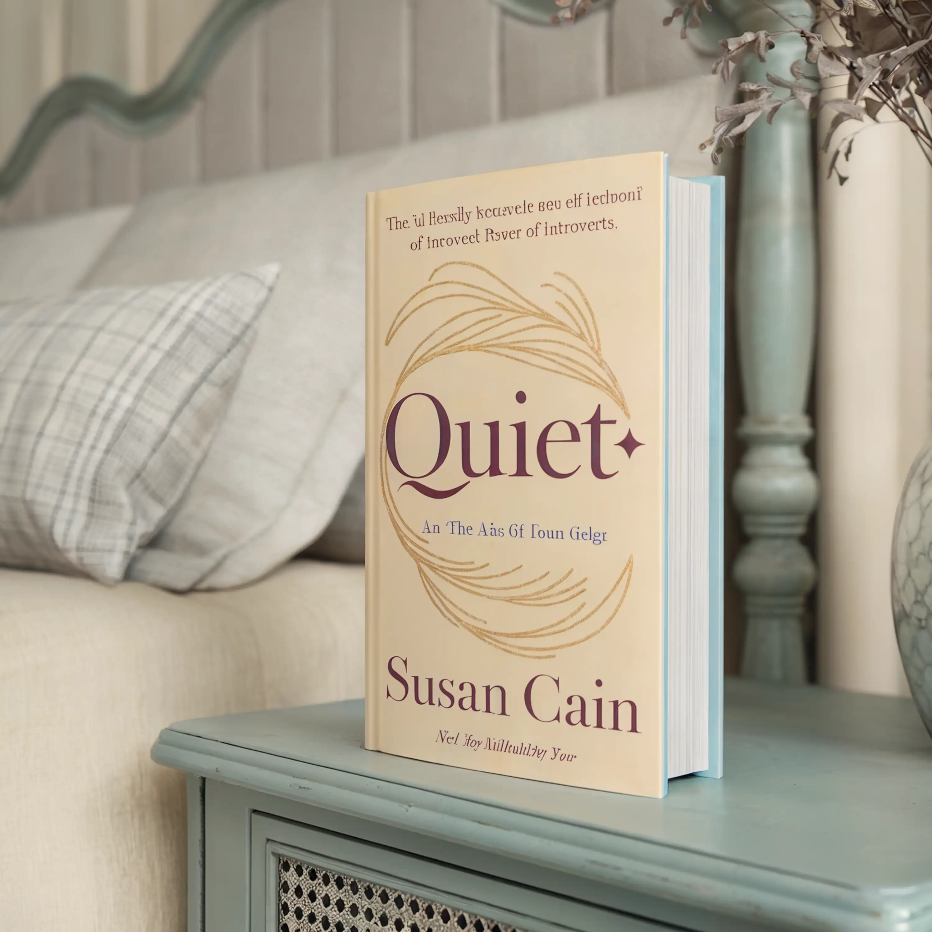 Book "Quiet" by Susan Cain on a bedside table with a bed and pillow in the background.