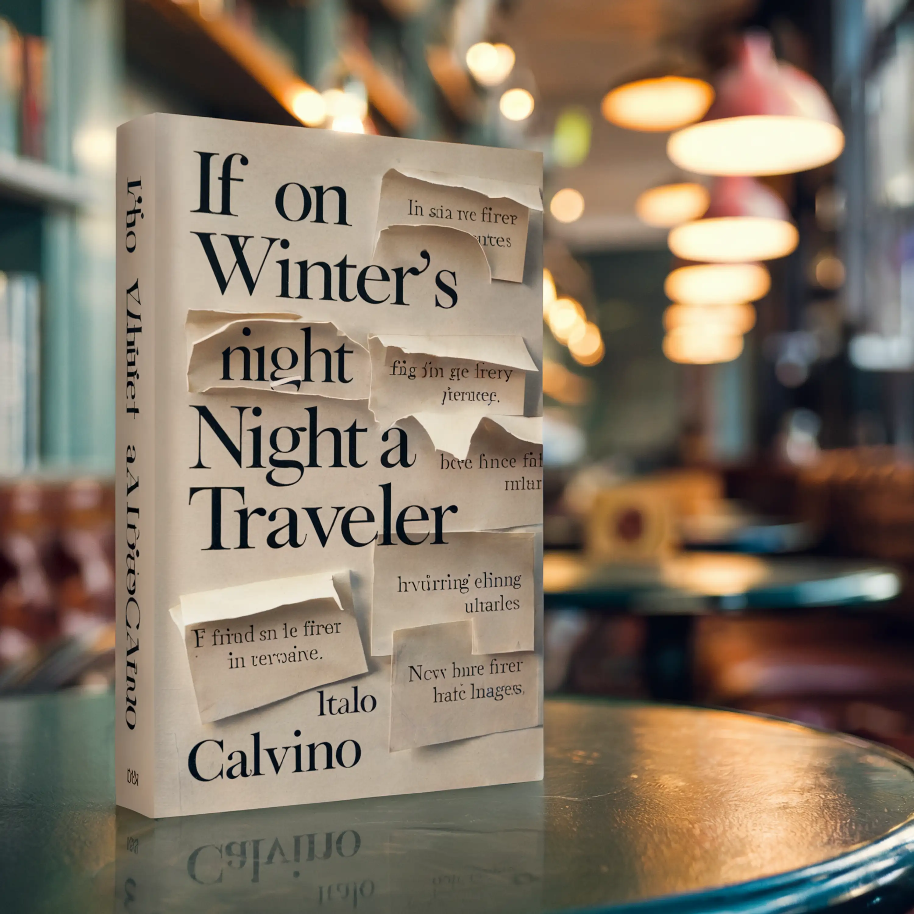 A book titled "If on a Winter's Night a Traveler" by Italo Calvino, on a reflective table in a cozy setting.