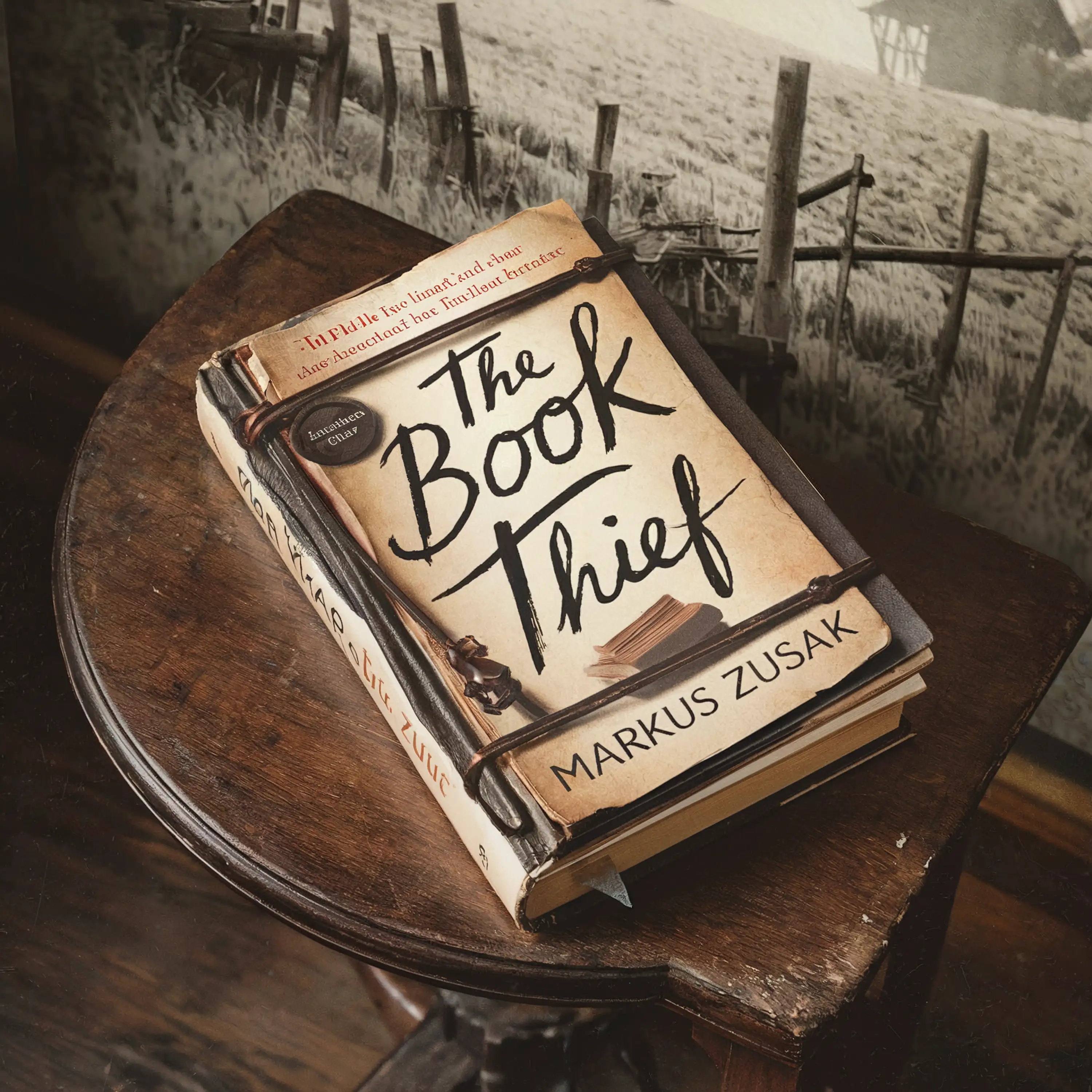 "The Book Thief" by Markus Zusak on a wooden table, against a sepia-toned background.