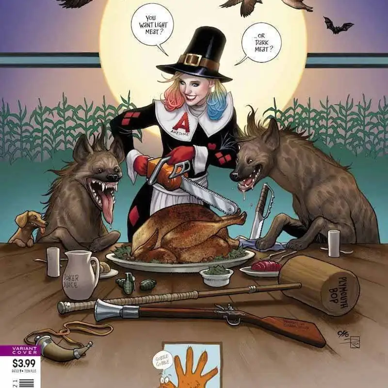 What if Harley Quinn tried to destroy all DC comic book events while saving her family Thanksgiving? 