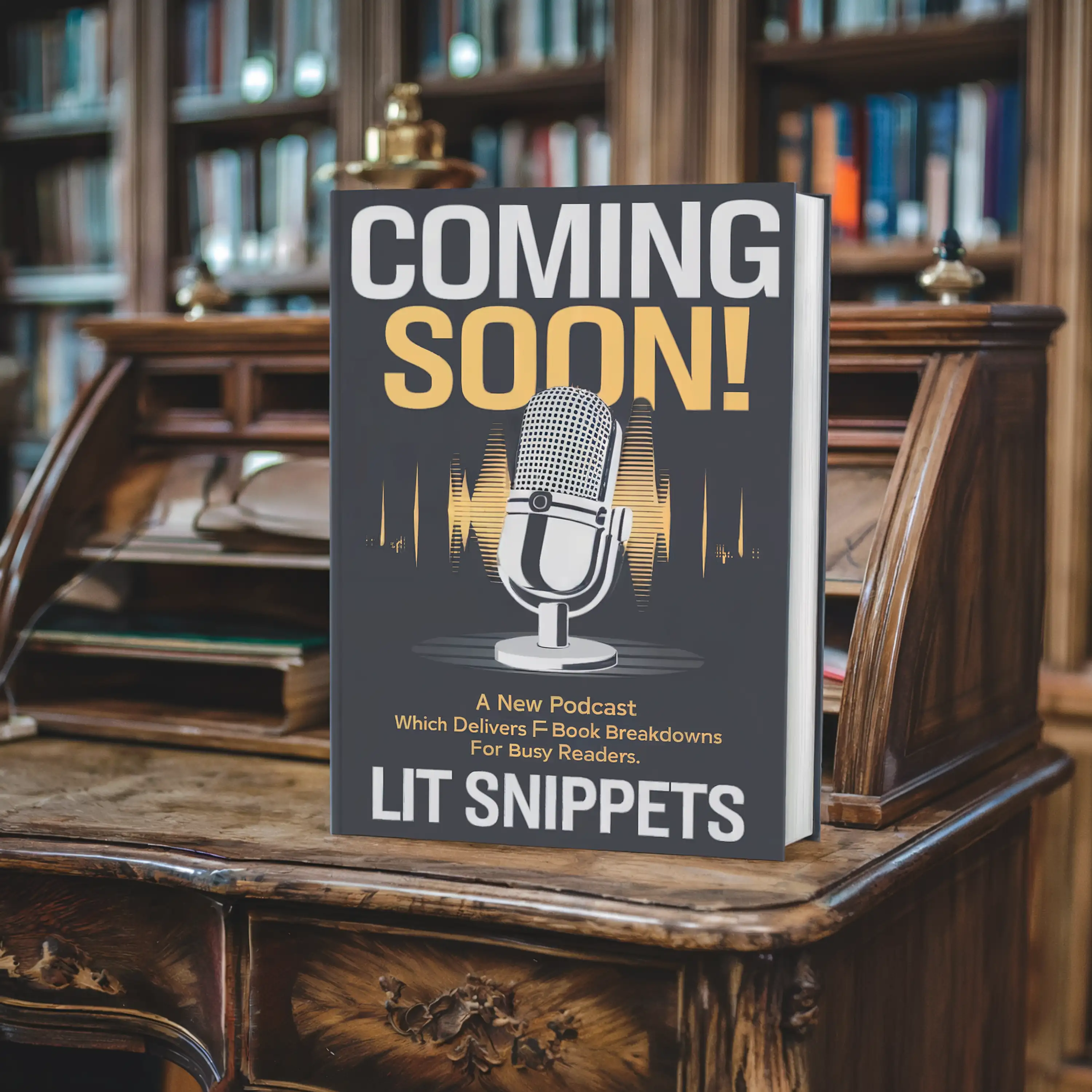 Book with "COMING SOON!" text on the cover, promoting a new podcast called "Lit Snippets" in a library.