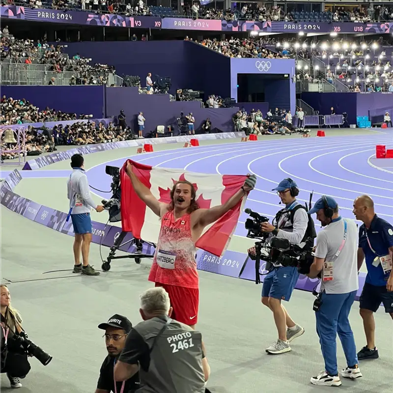 Nanaimo’s Ethan Katzberg celebrates winning gold at the Olympics