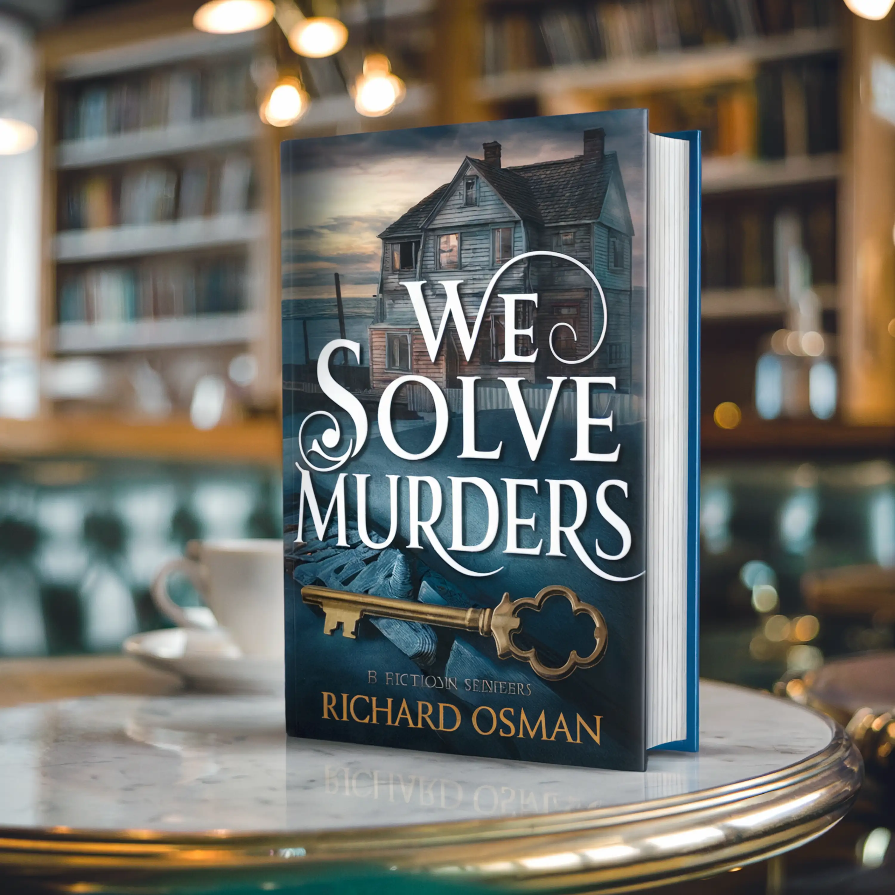 Book titled "We Solve Murders" by Richard Osman on a table in a cozy library setting.