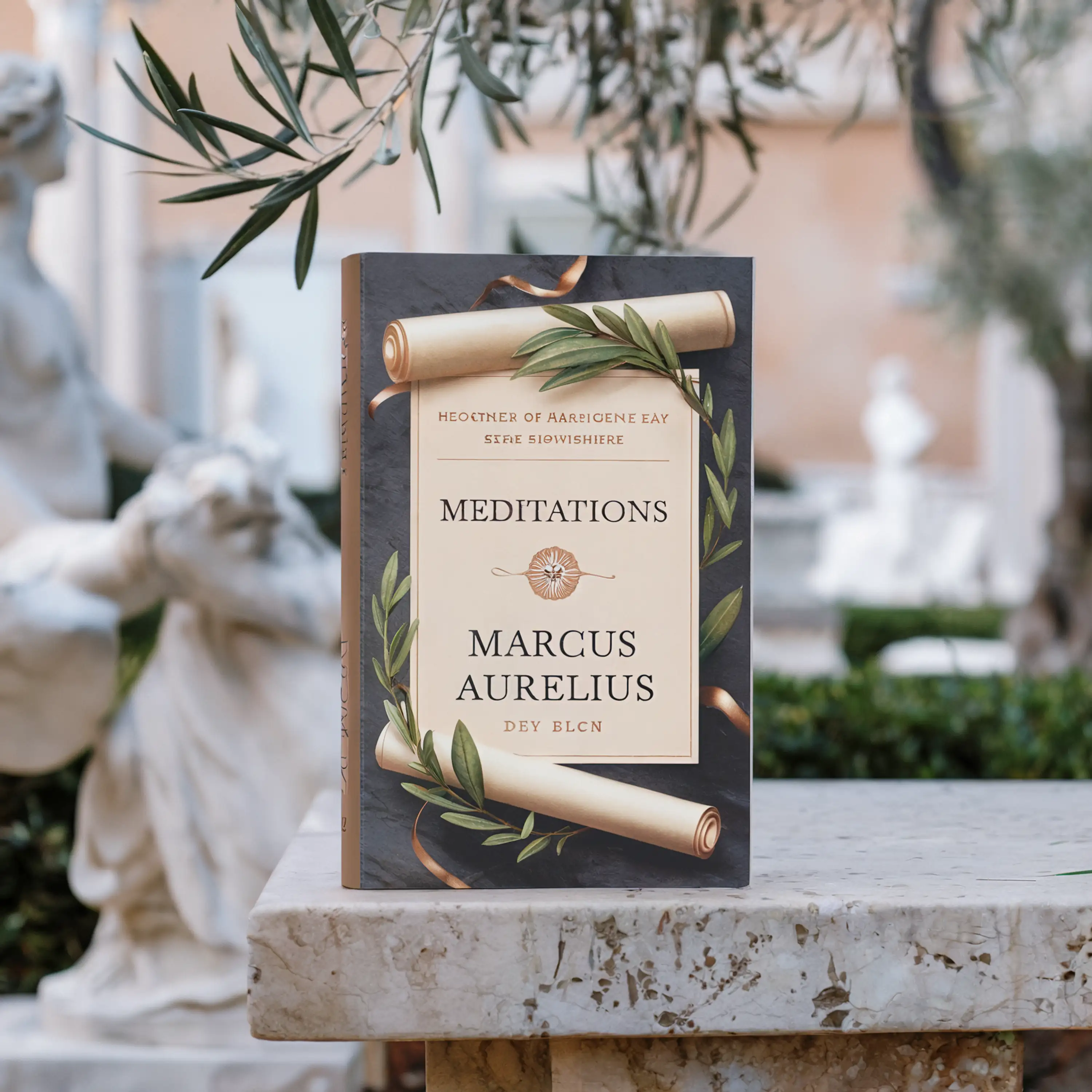 The book "Meditations" by Marcus Aurelius displayed outdoors on a marble surface with greenery.