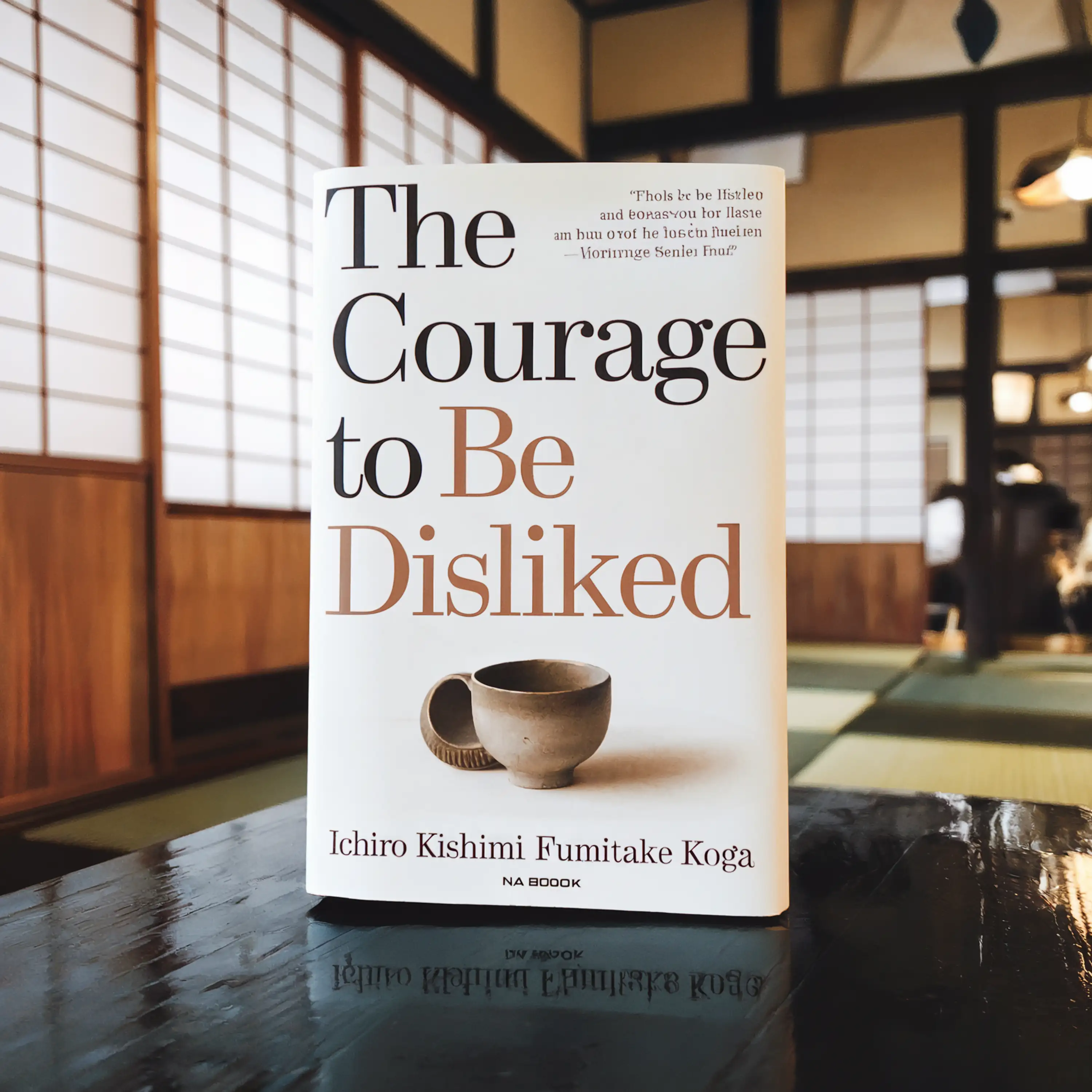 Book titled "The Courage to Be Disliked" by Ichiro Kishimi and Fumitake Koga on a wooden table.