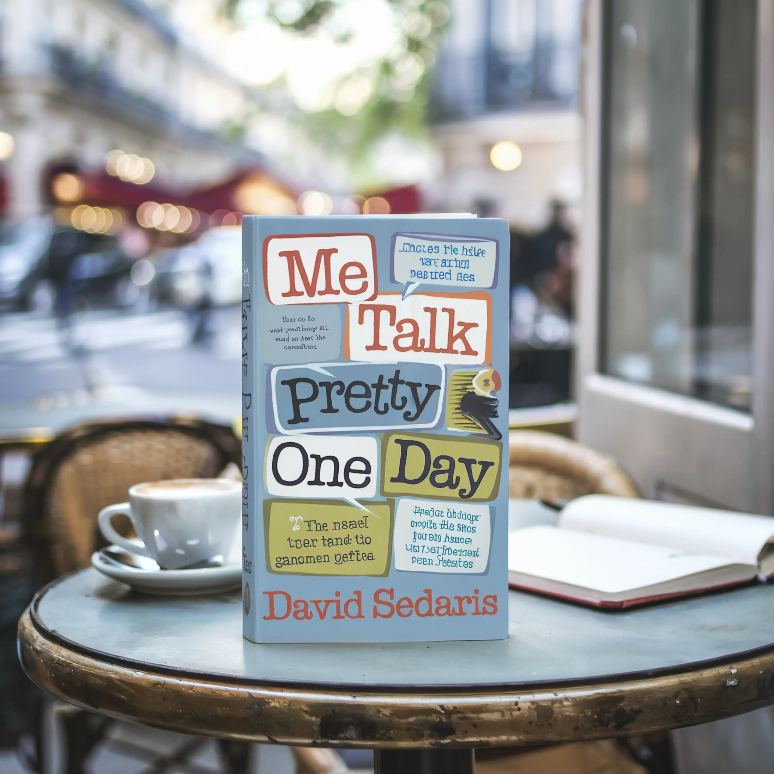 A book titled "Me Talk Pretty One Day" by David Sedaris on an outdoor cafe table with a coffee cup.