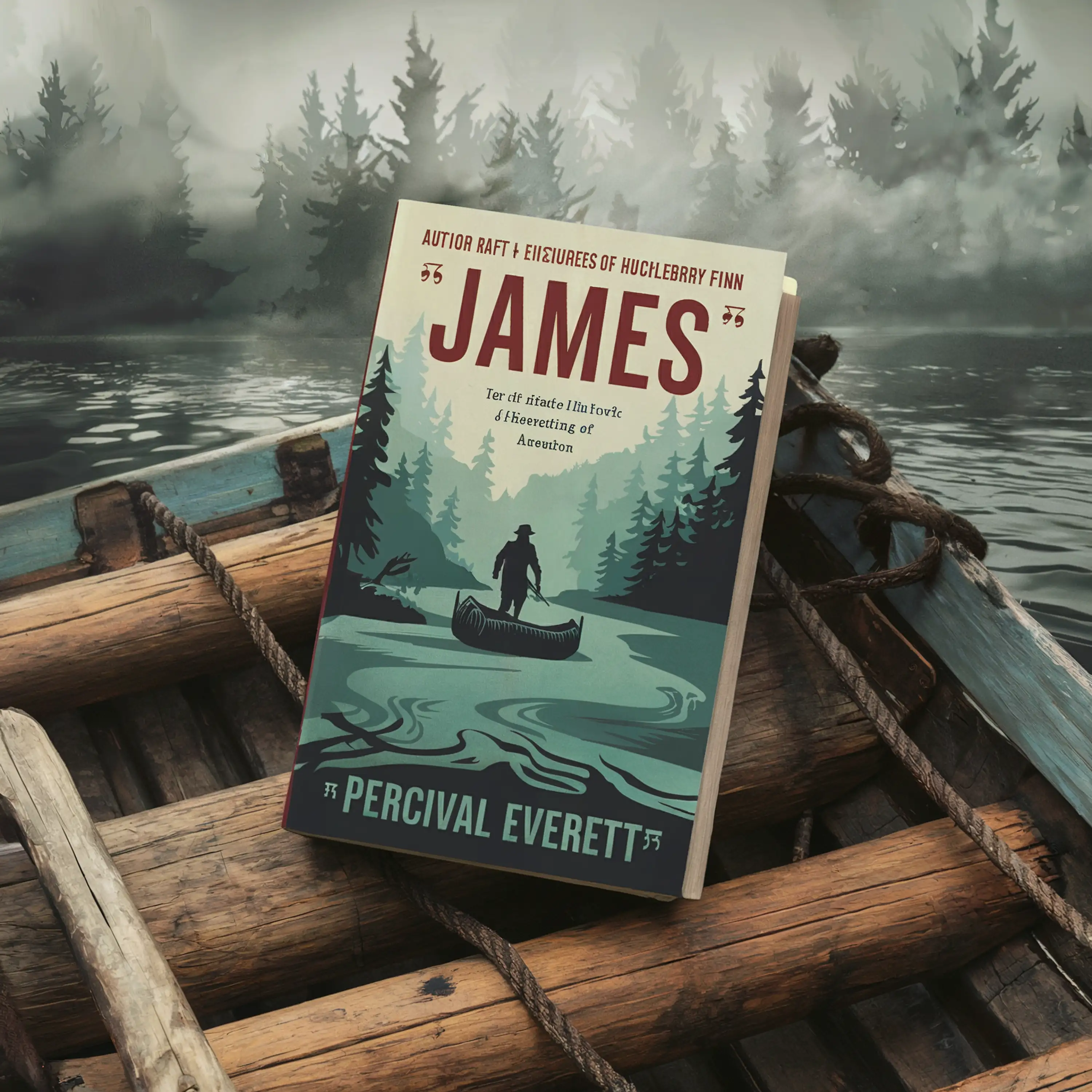 A book titled "James" rests on a wooden raft in a misty, forested river setting.