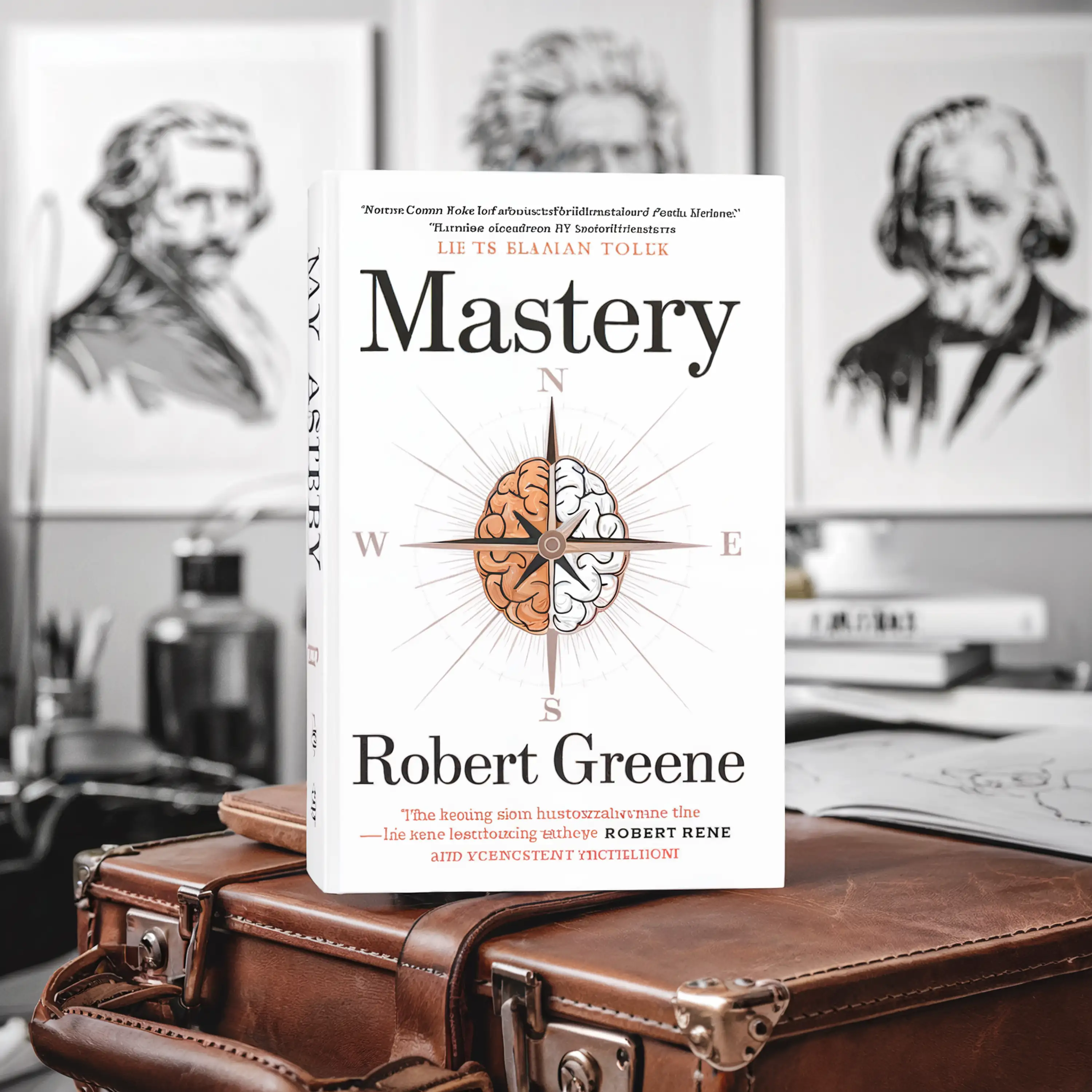 A book titled "Mastery" by Robert Greene placed on a brown leather bag, with two portraits in the background.