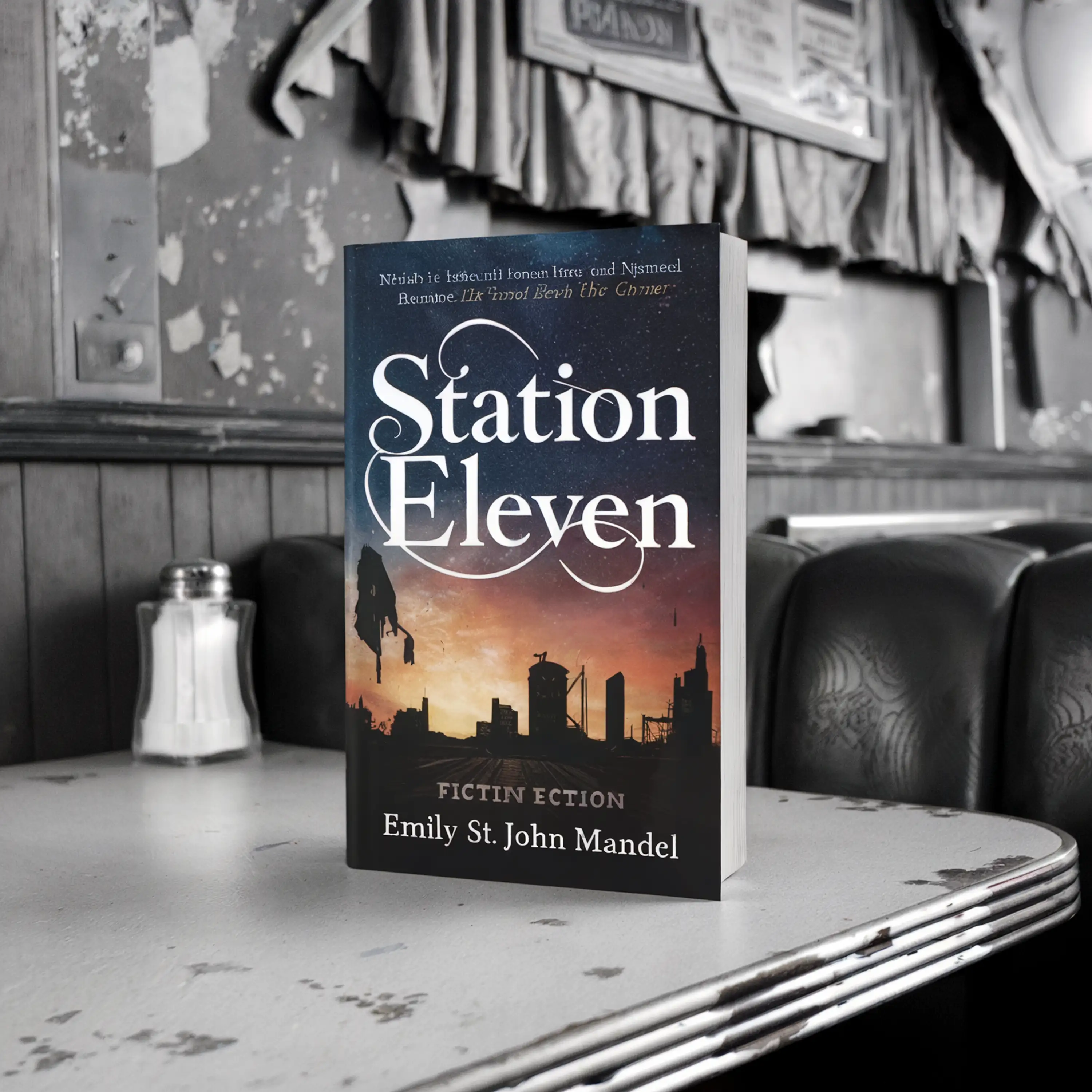 "Station Eleven" book by Emily St. John Mandel on a worn diner table with old furnishings in background.