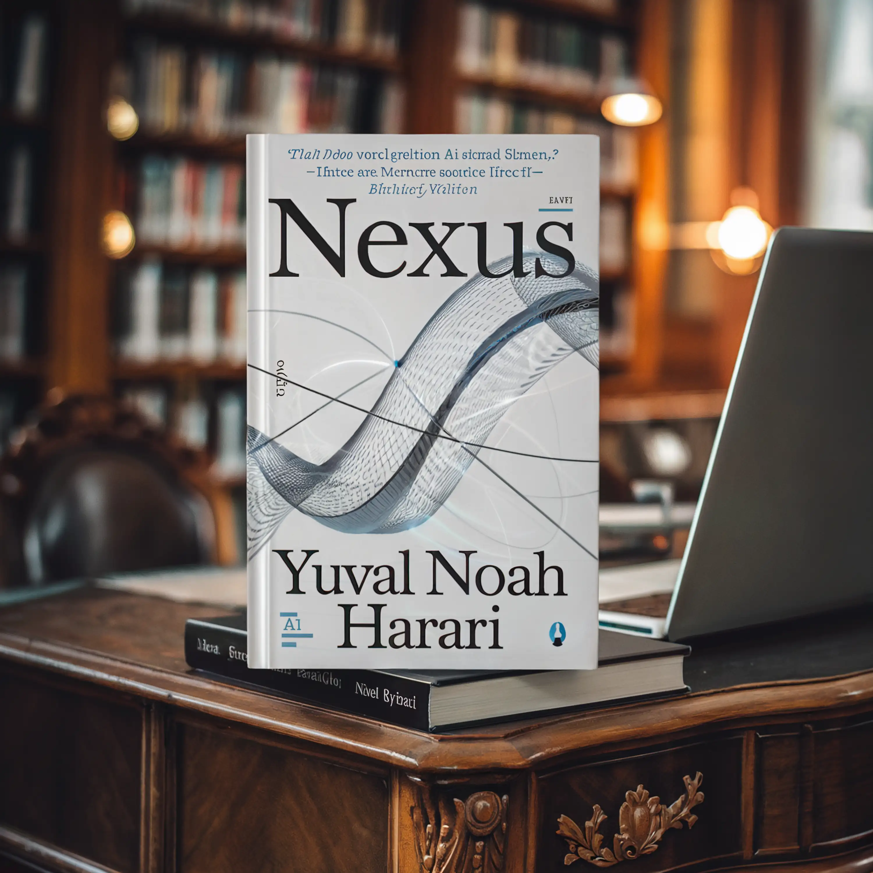 A book titled "Nexus" by Yuval Noah Harari on a wooden desk in a library.