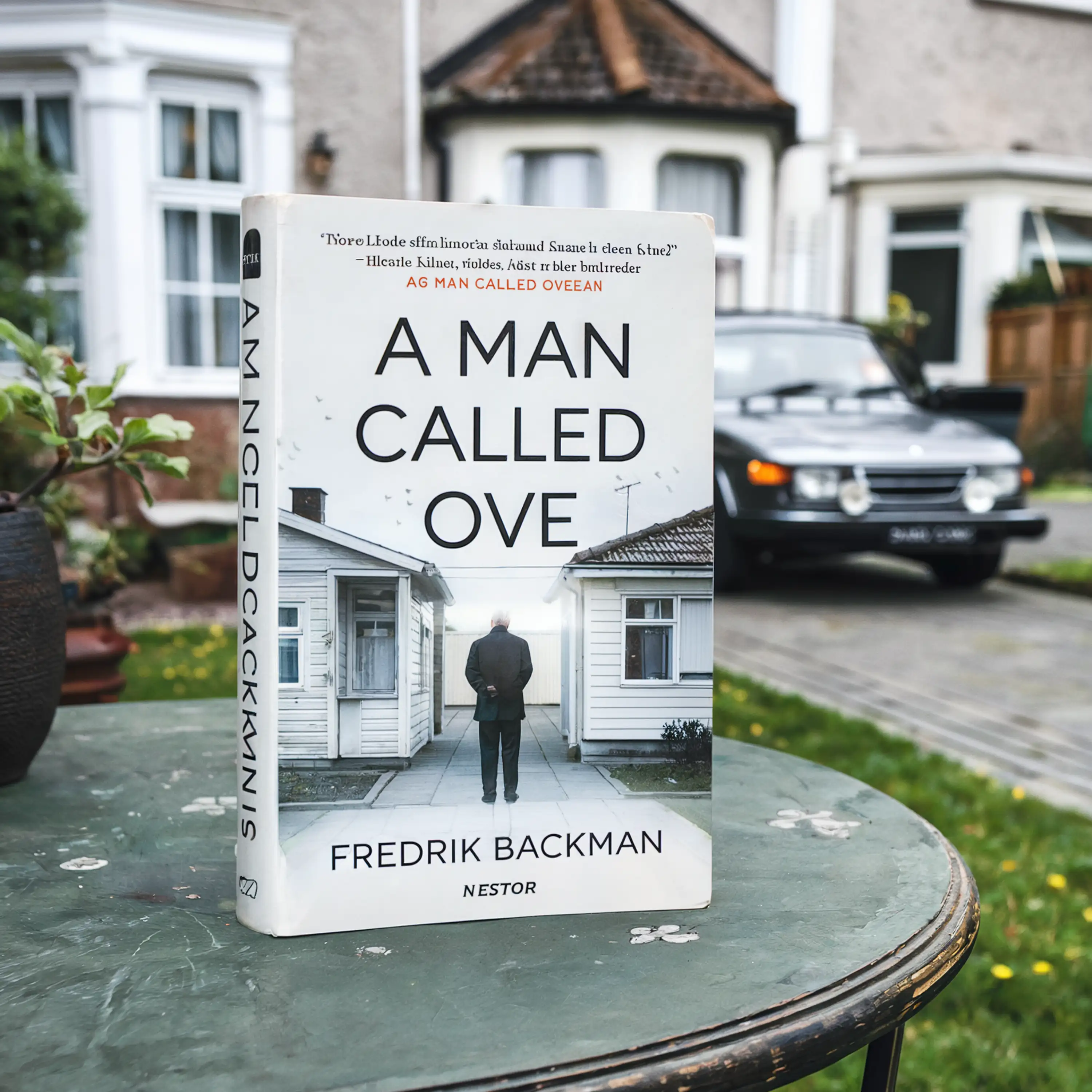 Book "A Man Called Ove" by Fredrik Backman on a round table in front of a house and car.