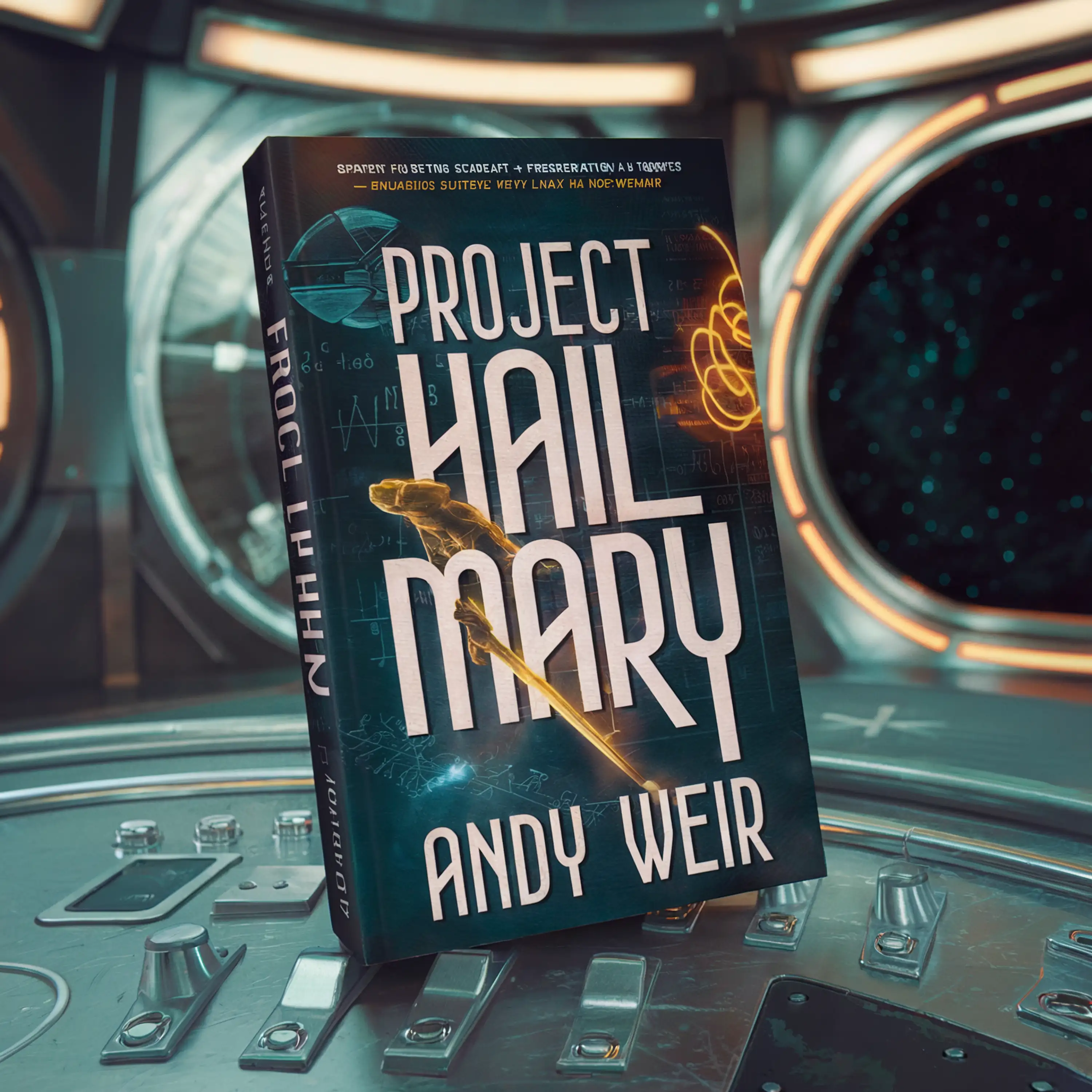 Book "Project Hail Mary" by Andy Weir on a control panel with a spaceship window in the background.