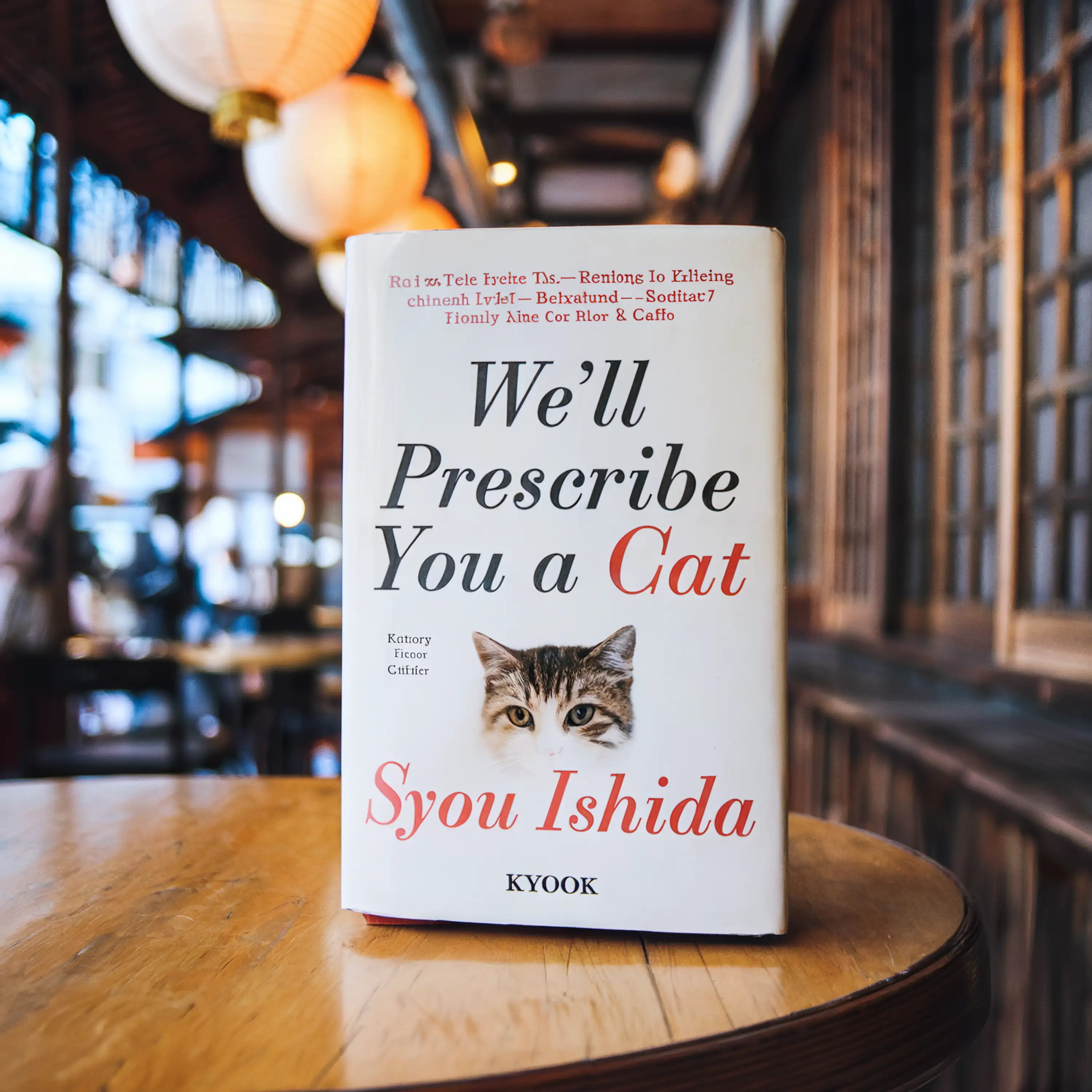 A book titled "We'll Prescribe You a Cat" by Syou Ishida on a wooden table in a cozy café.