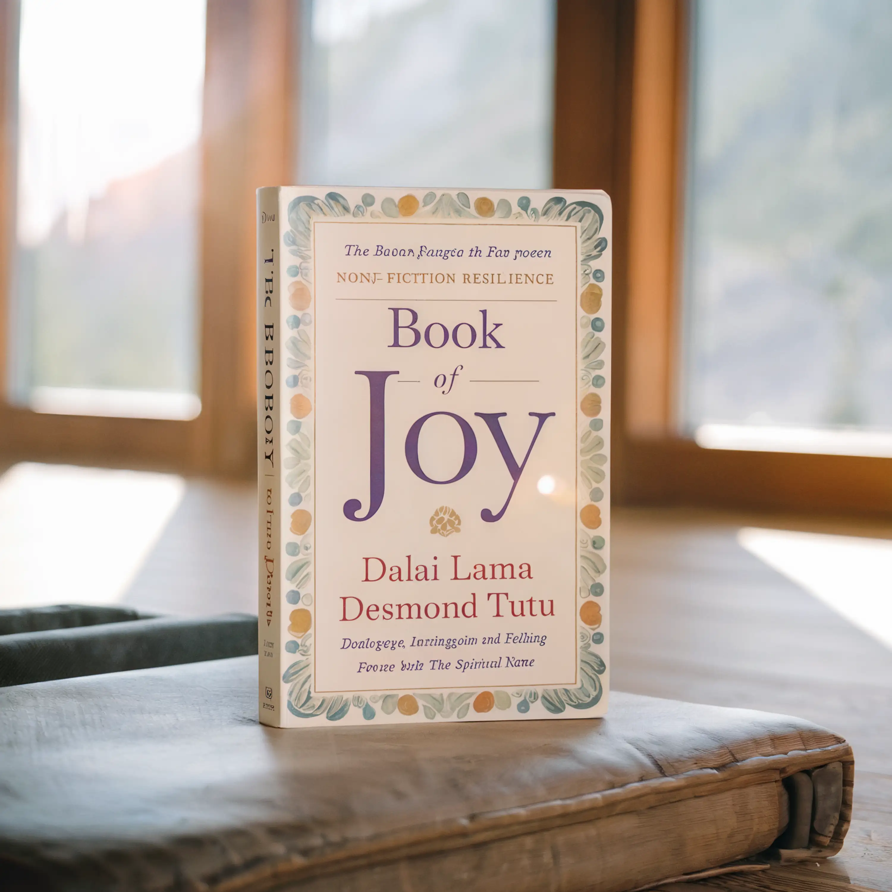 "The Book of Joy" by Dalai Lama and Desmond Tutu placed on a table near a window.