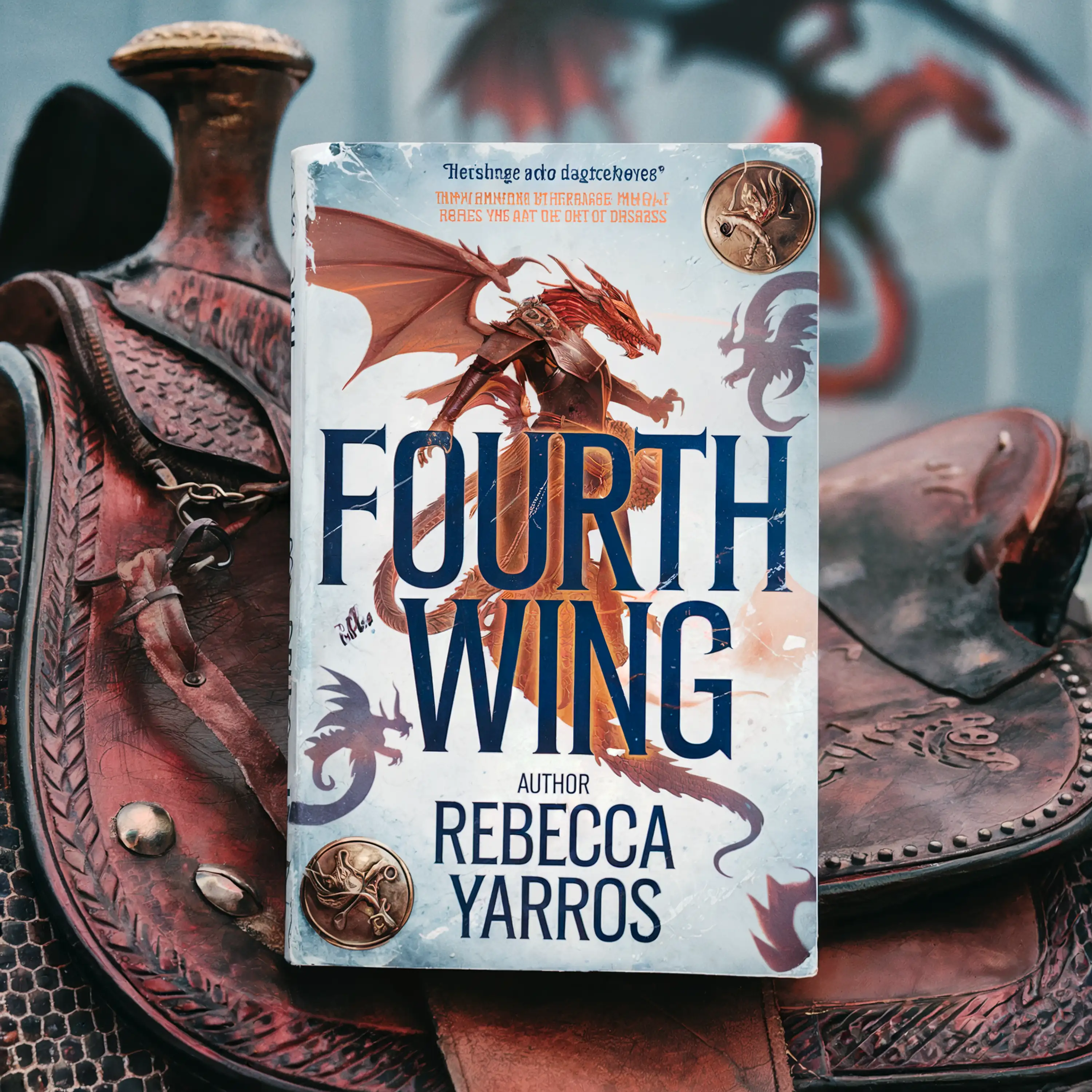 The book "Fourth Wing" by Rebecca Yarros with a dragon on the cover, resting on leather gear.