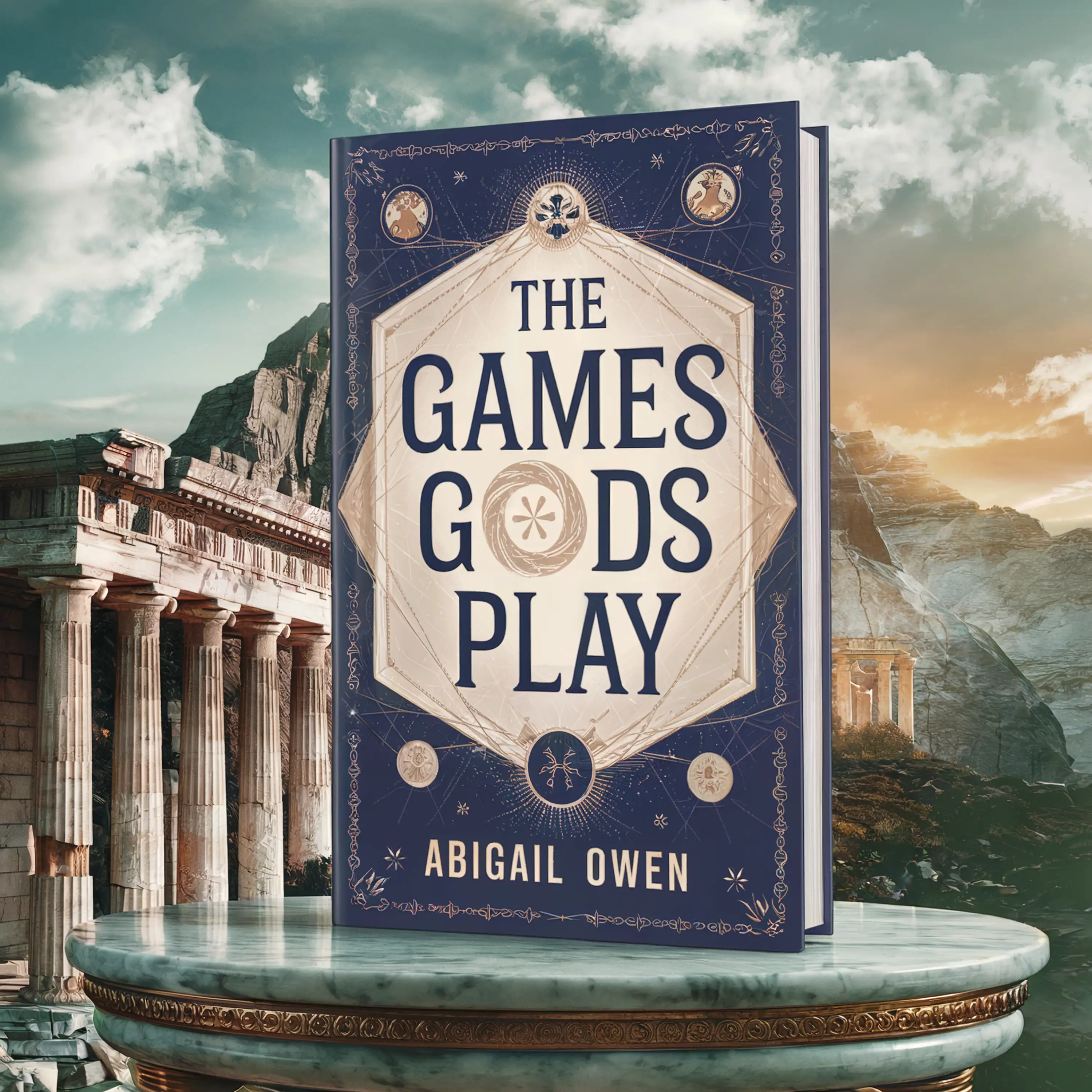 Book cover of "The Games Gods Play" by Abigail Owen, set against an ancient Greek temple and mountain background.