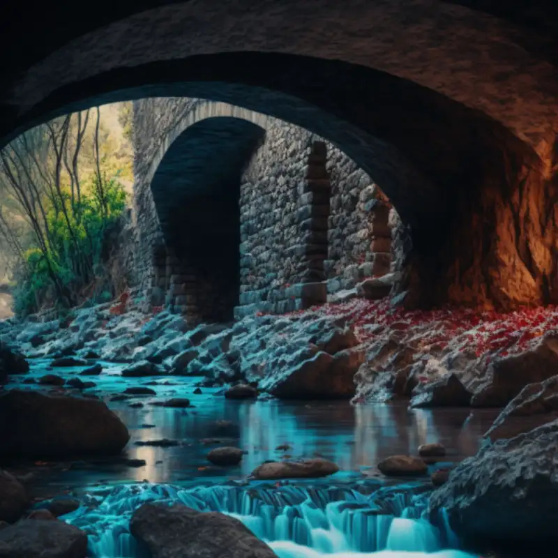 A Lively Stream Flowing Under a Bridge