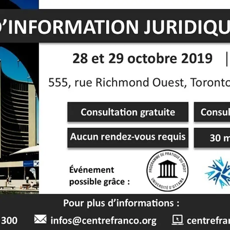 Clinique d’information juridique gratuite à Toronto les 28 29 Octobre