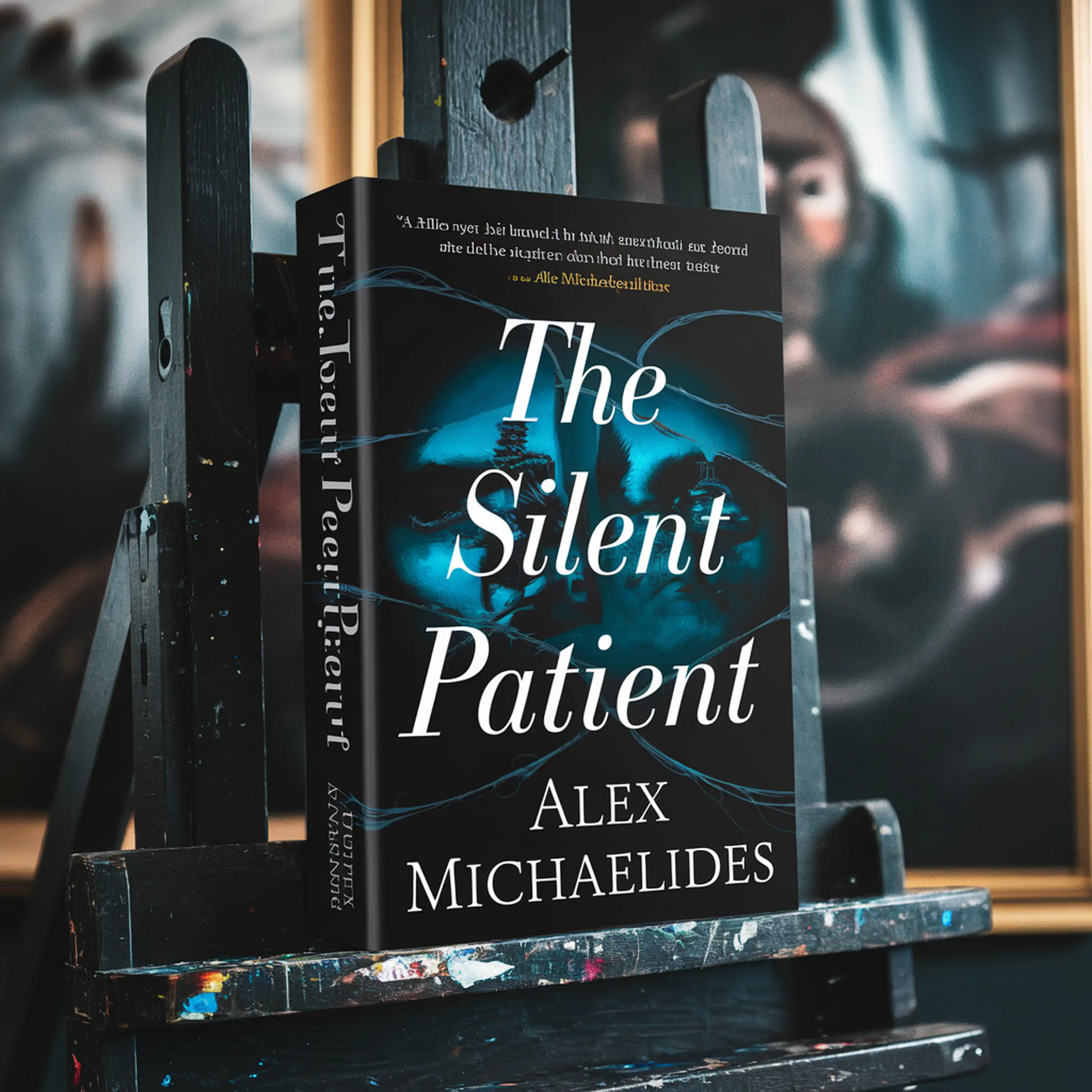 The book "The Silent Patient" by Alex Michaelides on an easel, with a painting in the background.