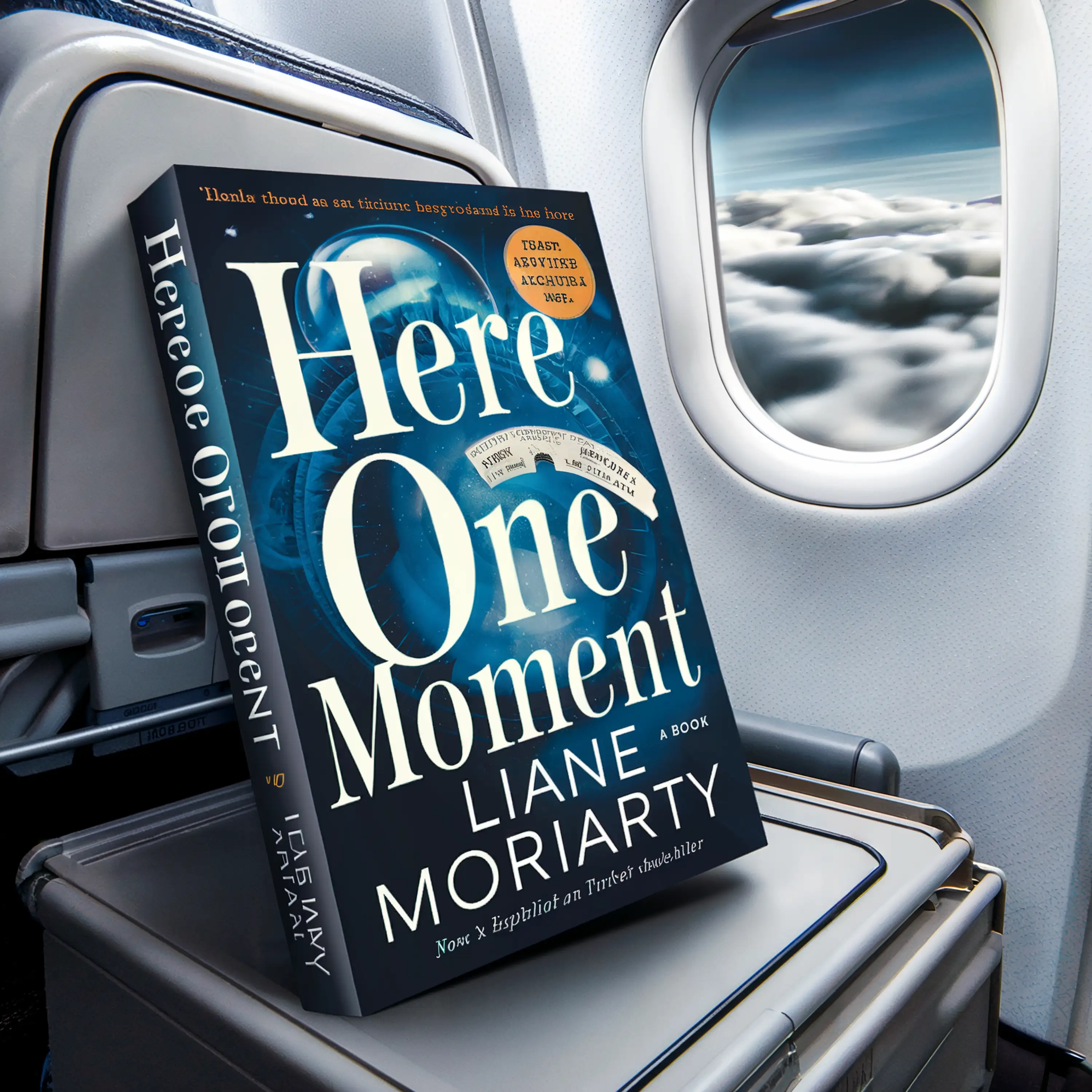 A book titled "Here One Moment" on an airplane tray table beside a window showing clouds.